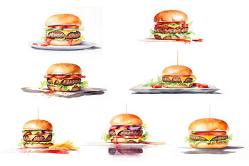 Watercolor illustration of multiple classic burgers with various toppings and sauces on transparent background, fast food concept.