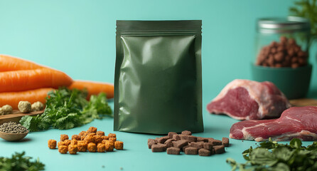 dog food packaging stands amidst fresh ingredients, showcasing a balanced diet for canine health