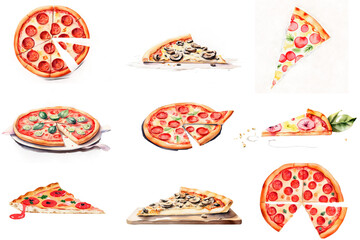 Watercolor collection of various whole pizzas and slices with different toppings on transparent background for food illustration and menu design.