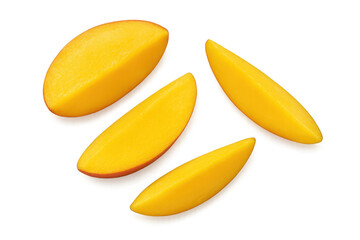 Fototapeta premium Bright mango segments displaying vivid orange hues, geometrically positioned revealing succulent tropical fruit texture and color