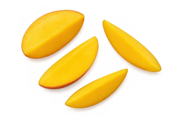 Bright mango segments displaying vivid orange hues, geometrically positioned revealing succulent tropical fruit texture and color