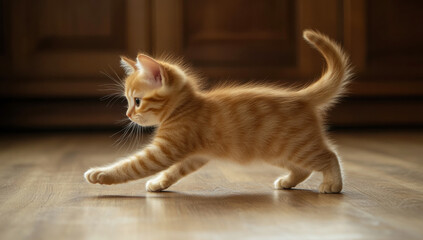 Adorable ginger kitten gracefully walking on a hardwood floor, displaying its playful nature and captivating charm