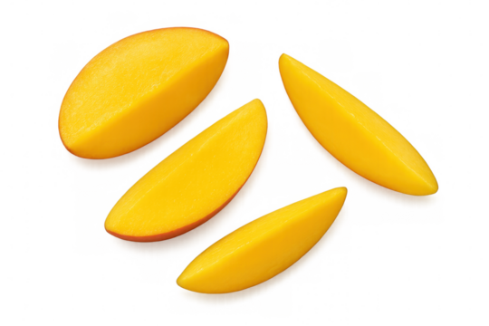 Bright mango segments displaying vivid orange hues, geometrically positioned revealing succulent tropical fruit texture and color