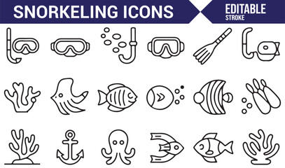 Diving Mask, Coral, Fish, and Marine Life Icons for Snorkeling and Underwater Exploration