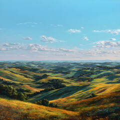 Naklejka premium Waves of Earth: A Serene Symphony of Undulating Hills and Blossoming Wildflowers