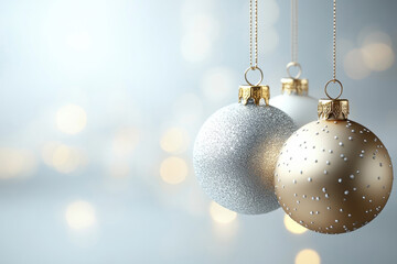 Christmas ornaments in metallic silver, gold, bronze dangling from golden ribbons, decorating minimalist gray backdrop with seasonal sparkle