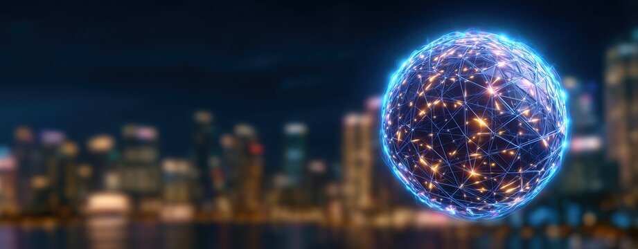 Decentralized AI floating network in futuristic cityscape, cinematic mood with glowing data links, high-tech visual in blue and violet neon, concept of open-source intelligence
