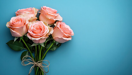 Soft pink roses bound by twine lying gracefully on muted blue surface, conveying gentle romantic minimalist aesthetic