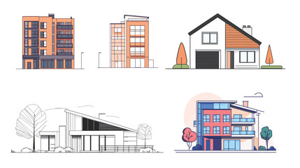 Simple Line Art of House and Apartment – Minimalist Vector Illustration