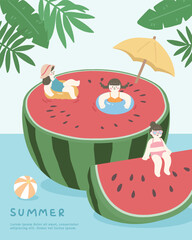 Hand drawn summer illustration with watermelon and people swimming.