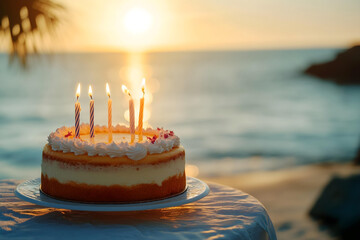 birthday cake with candles on the beach with sea background during sunset