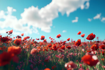 Obraz premium Blooming Red Poppies with Mountains and Clear Sky