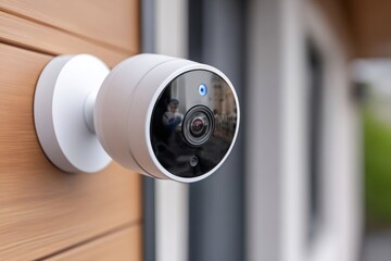 Modern security camera mounted on wooden wall