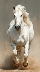 Majestic white horse galloping through dusty terrain under bright sunlight in an open field