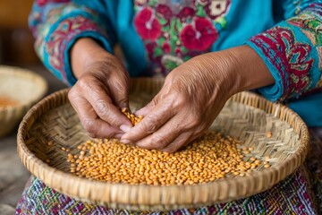 Woman sorting lentils in wicker basket, traditional agriculture