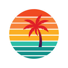 Retro Vintage Sunset Over Stylized Surf and Palm Trees