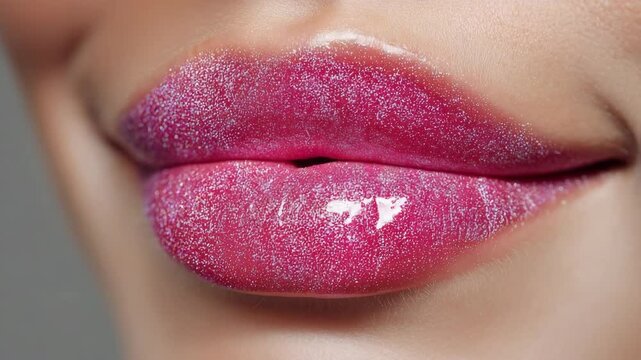 A woman's lips are covered in glittery pink lip gloss. The glitter is visible on the lips and the surrounding skin. Concept of glamour and beauty, as the woman's lips are the focal point of the image