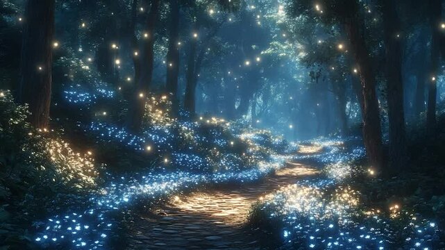 Magical forest pathway at night