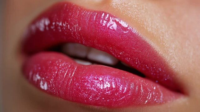 A woman's lips are painted with a glittery pink lip gloss. The gloss is shiny and sparkly, giving the lips a glamorous look. The woman's smile is bright and confident