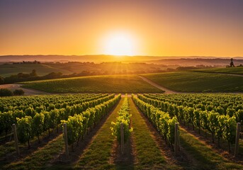 Rows of grapevines stretch out under a vibrant sunrise.