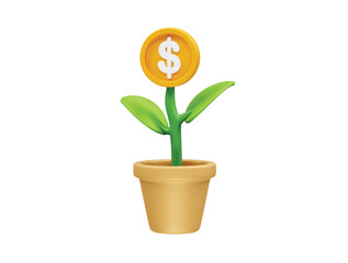 Financial Growth Concept Coin Plant in a Pot icon 3d. Dollar plant icon 3d illustration