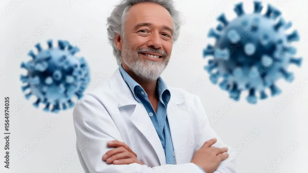 Poster a man in a white lab coat is smiling and posing for a picture. the background features blue and whit