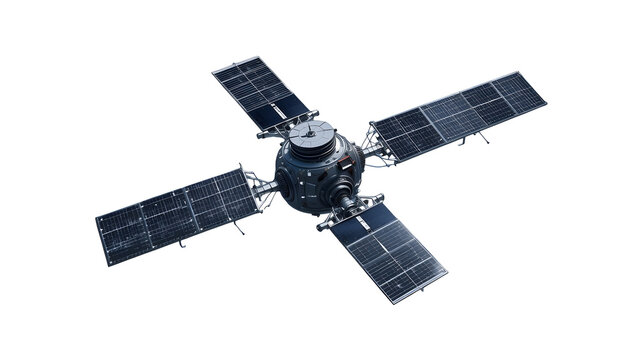 Satellite orbiting earth space station with solar panels and antenna for communication signals data collection on transparent background