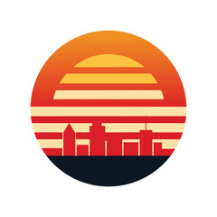 Retro Vintage Sunset Striped Behind City Skyline Vector