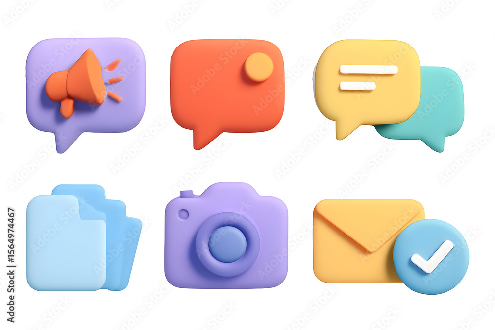 Fototapete collection of colorful rendered icons representing communication and digital interaction.