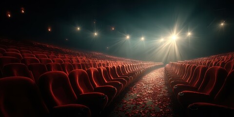Empty theater with red velvet seats illuminated by spotlight in an evening performance setting