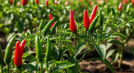 Vibrant Red and Green Chili Peppers Growing on Lush Green Plants