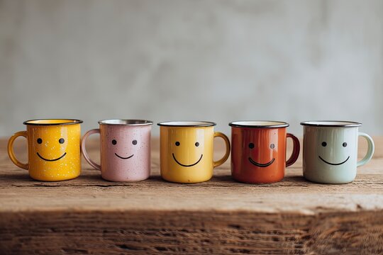 Five colorful mugs with smiley faces sit in a row on a wooden surface against a neutraltoned backdrop