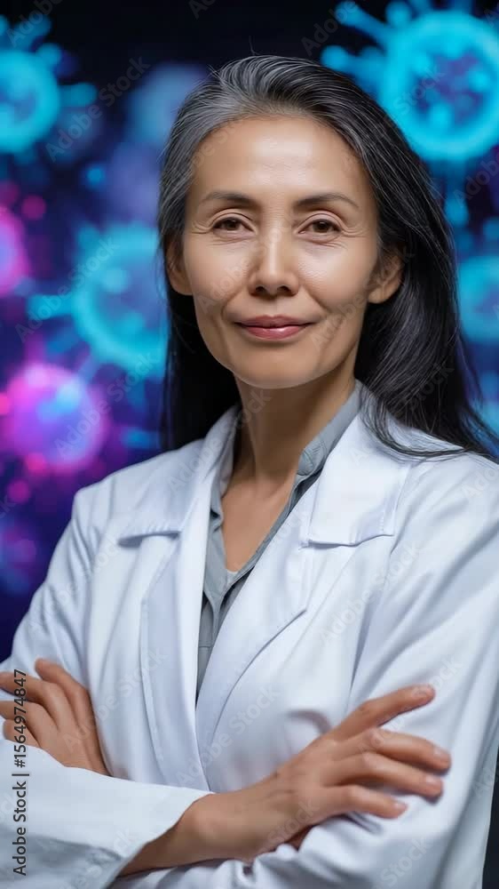 Poster a woman in a white lab coat is posing for a photo. she is smiling and has her arms crossed. the back