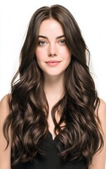 Fototapeta premium Stunning brunette woman with long, wavy hair. Perfect for beauty, haircare, and fashion advertising. Ideal for websites, magazines, and social media.