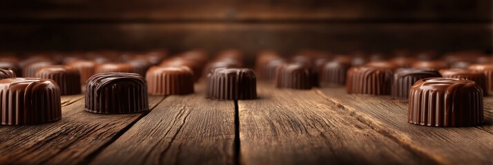 A variety of gourmet chocolate truffles arranged on a rustic wooden table in a warm, inviting setting