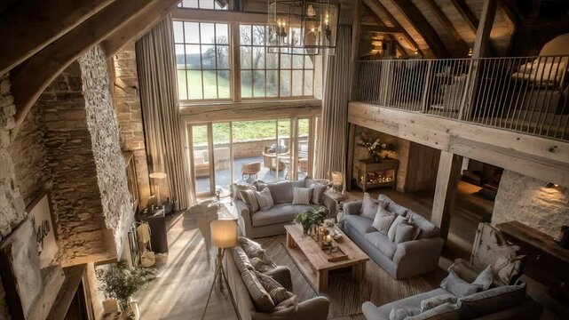 High-ceilinged living room with stone fireplace, large windows, and a mezzanine level
