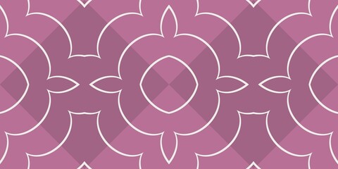 A geometric pattern featuring symmetrical designs in shades of pink and mauve is laid out with white outlines. The overall style is repetitive, creating a seamless, harmonious look.