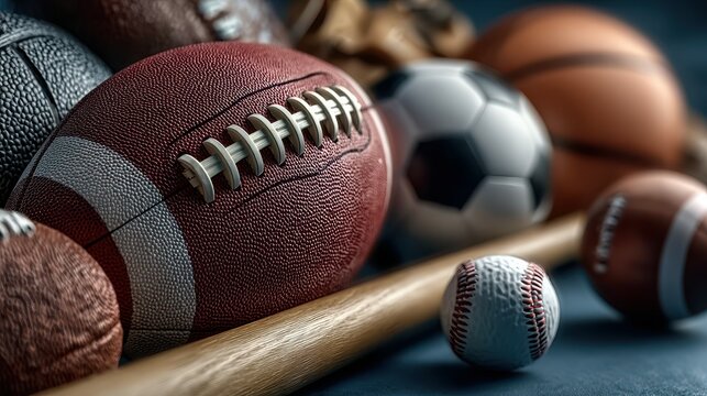 Various sports balls and equipment displayed on a surface for a vibrant athletic showcase