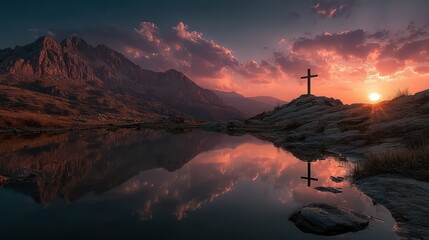 Sunset over mountains with cross reflection in tranquil water setting