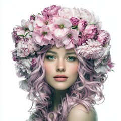 Fototapeta premium Elegant woman with pink hair and floral crown. Perfect for beauty, fashion, and wellness. Ideal for websites, magazines, and social media.