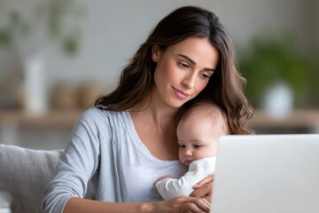Young mother working from home and holding her baby while using laptop computer