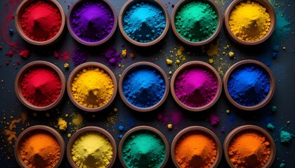Aerial view of wooden bowls filled with vibrant colored powders arranged in a grid pattern on dark surface