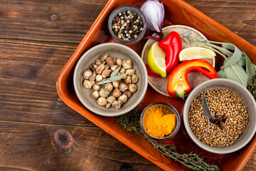 Set of spices and sauces.