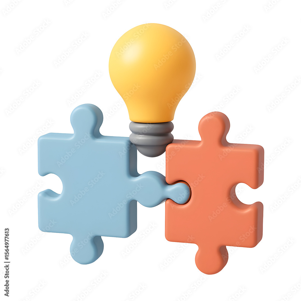 Poster creative problem solving is represented by connected puzzle pieces and a bright lightbulb.