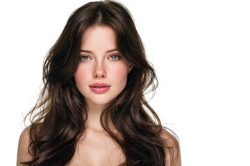 Fototapeta premium Stunning beauty portrait. Perfect skin, long brown hair. Ideal for beauty, fashion, cosmetics. Web banners, ads.
