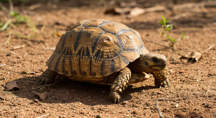 Obraz premium Wild tortoise moving slowly on dry ground and drinking water.