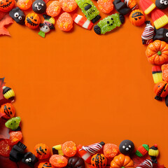 Premium halloween background with cute candy setup