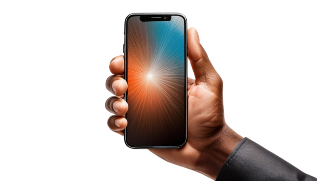 Hand holding a blank smartphone screen for business communication isolated on white background.