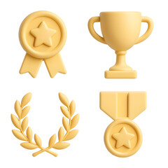 Golden awards collection showcases success and achievement with trophy medal and laurel wreath.