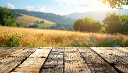 Obraz premium Rustic Wooden Tabletop Summer Wheat Field Landscape